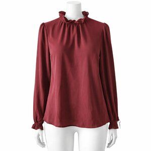 NEW Main Strip Blouse Boutique burgundy ruffle semi sheer Sm Lg Victorian Whimsy